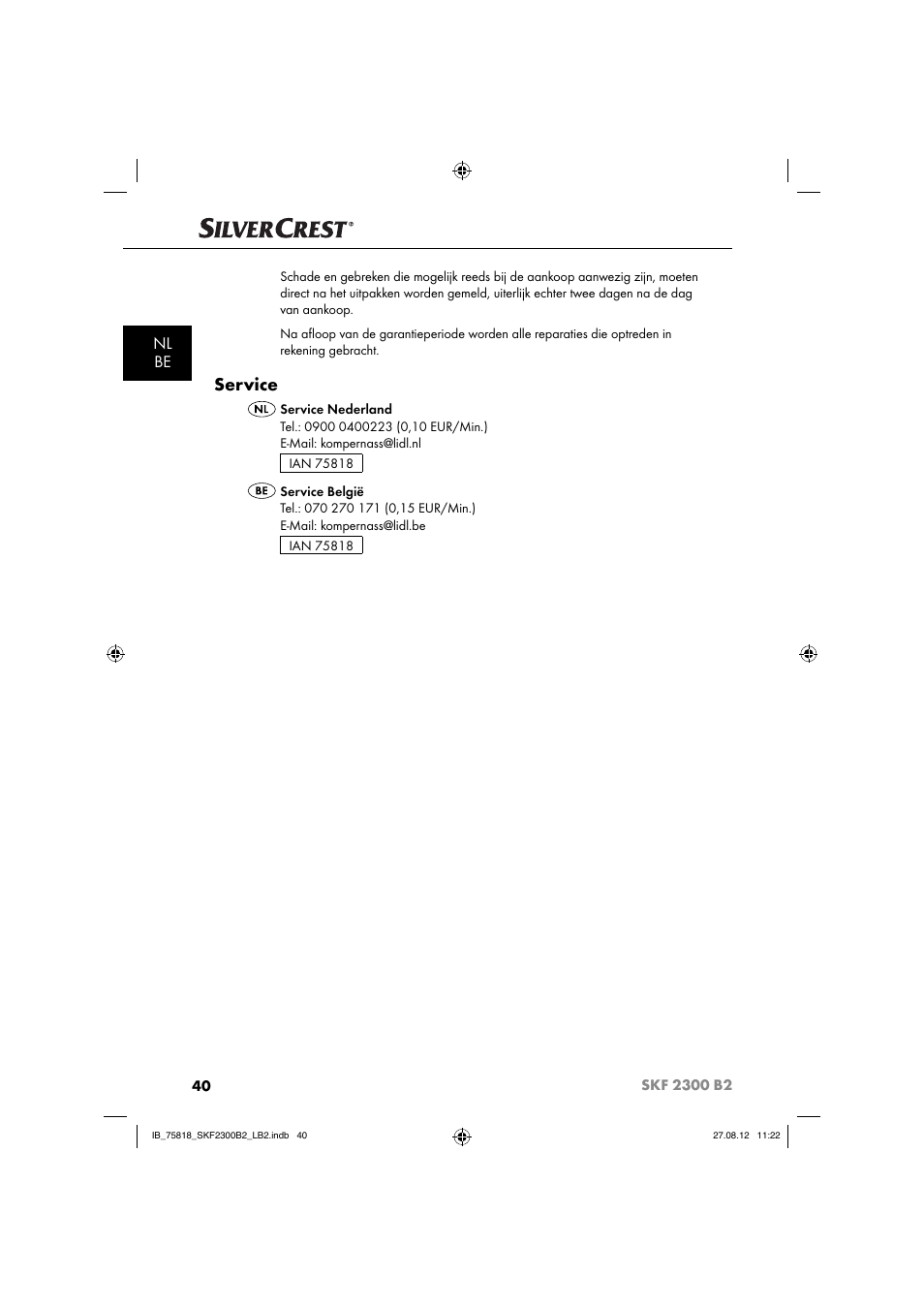Service, Nl be | Silvercrest SKF 2300 B2 User Manual | Page 43 / 84