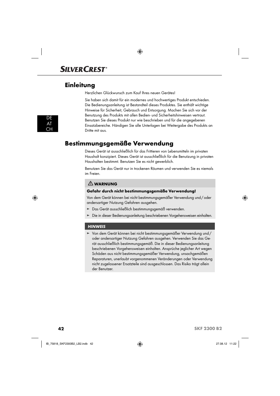 Einleitung, Bestimmungsgemäße verwendung, De at ch | Silvercrest SKF 2300 B2 User Manual | Page 45 / 84