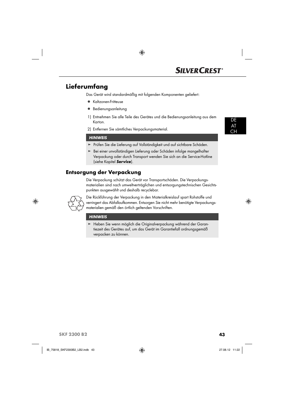 Lieferumfang, Entsorgung der verpackung, De at ch | Silvercrest SKF 2300 B2 User Manual | Page 46 / 84