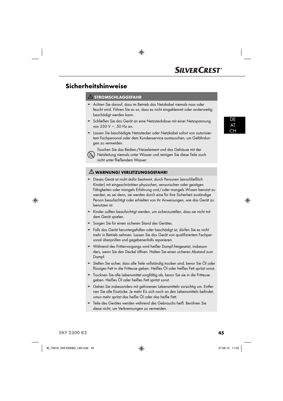 Sicherheitshinweise, De at ch | Silvercrest SKF 2300 B2 User Manual | Page 48 / 84
