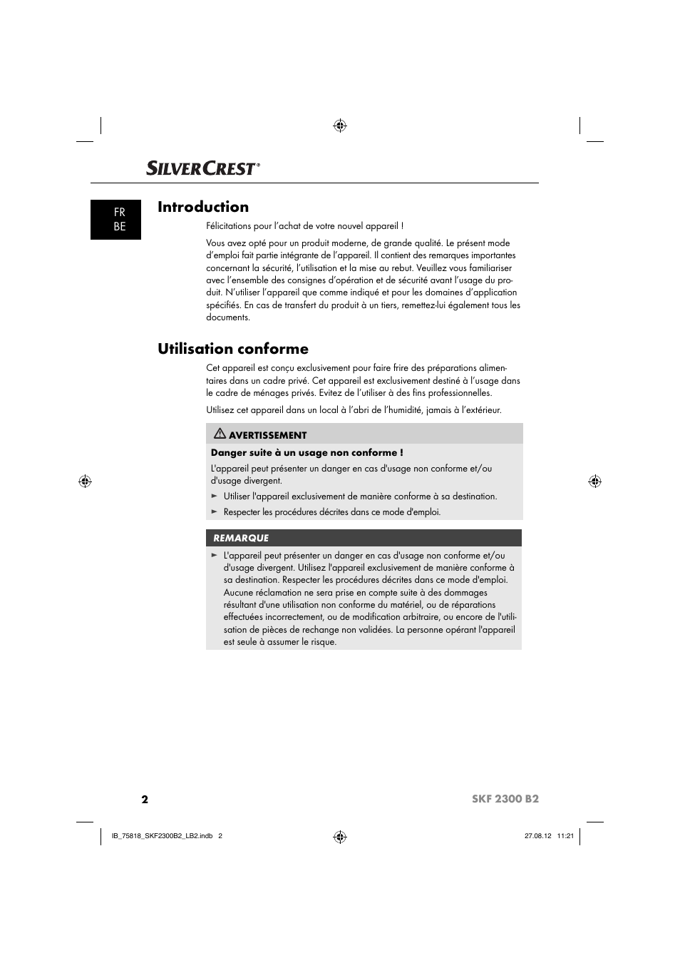 Introduction, Utilisation conforme, Fr be | Silvercrest SKF 2300 B2 User Manual | Page 5 / 84