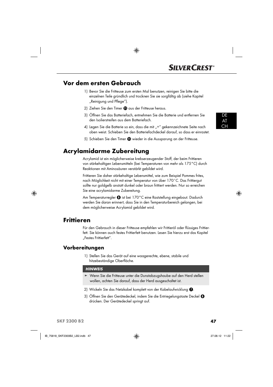 Vor dem ersten gebrauch, Acrylamidarme zubereitung, Frittieren | Vorbereitungen, De at ch | Silvercrest SKF 2300 B2 User Manual | Page 50 / 84