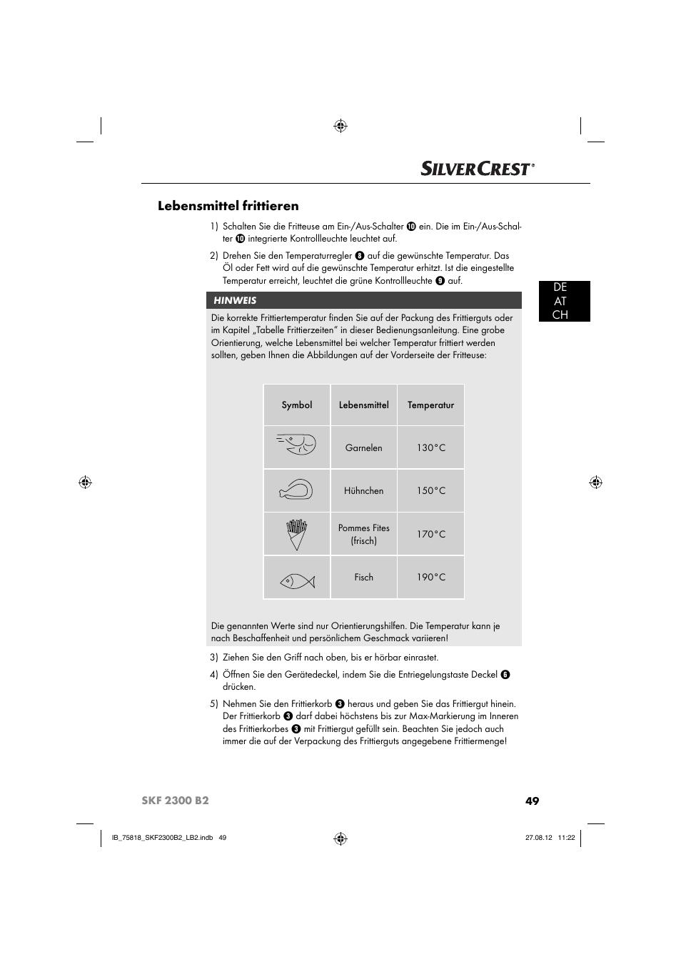 Lebensmittel frittieren, De at ch | Silvercrest SKF 2300 B2 User Manual | Page 52 / 84
