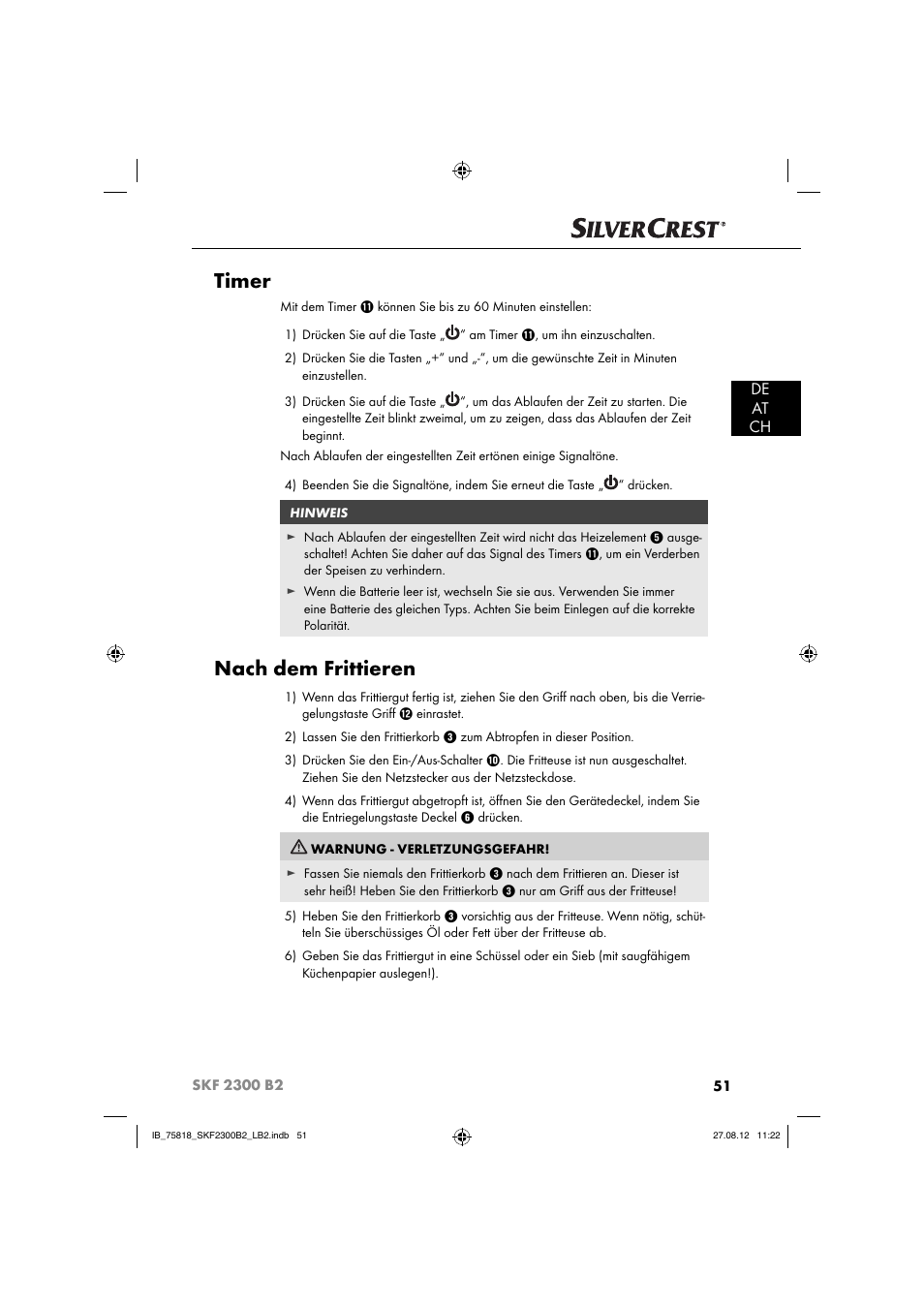 Timer, Nach dem frittieren, De at ch | Silvercrest SKF 2300 B2 User Manual | Page 54 / 84