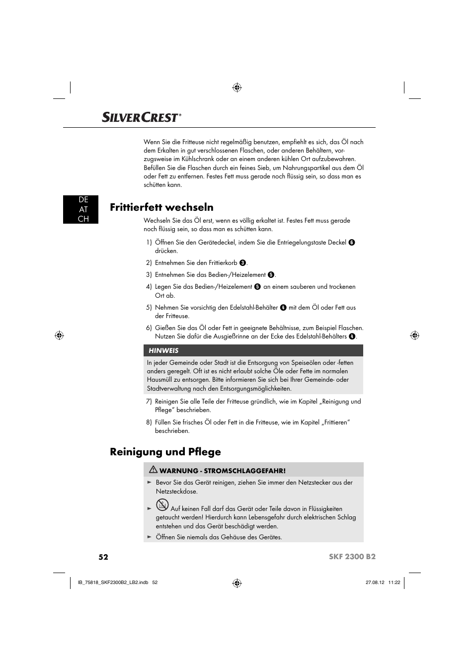 Frittierfett wechseln, Reinigung und pﬂ ege, De at ch | Silvercrest SKF 2300 B2 User Manual | Page 55 / 84