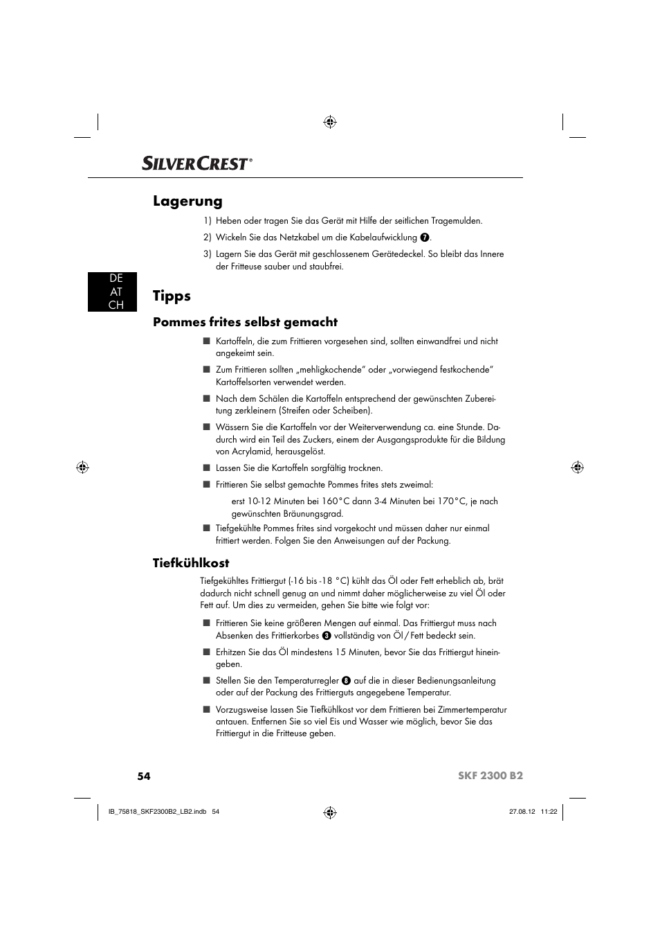 Lagerung, Tipps, Pommes frites selbst gemacht | Tiefkühlkost, De at ch | Silvercrest SKF 2300 B2 User Manual | Page 57 / 84