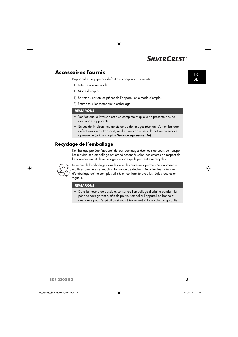 Accessoires fournis, Recyclage de l’emballage, Fr be | Silvercrest SKF 2300 B2 User Manual | Page 6 / 84