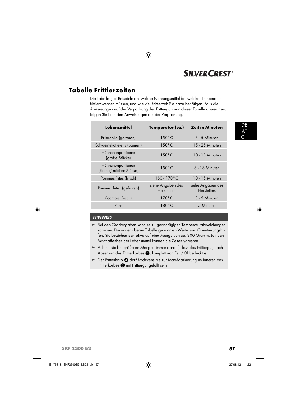 Tabelle frittierzeiten, De at ch | Silvercrest SKF 2300 B2 User Manual | Page 60 / 84