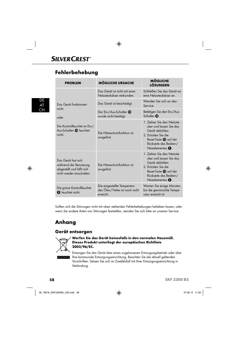 Fehlerbehebung, Anhang, Gerät entsorgen | De at ch | Silvercrest SKF 2300 B2 User Manual | Page 61 / 84