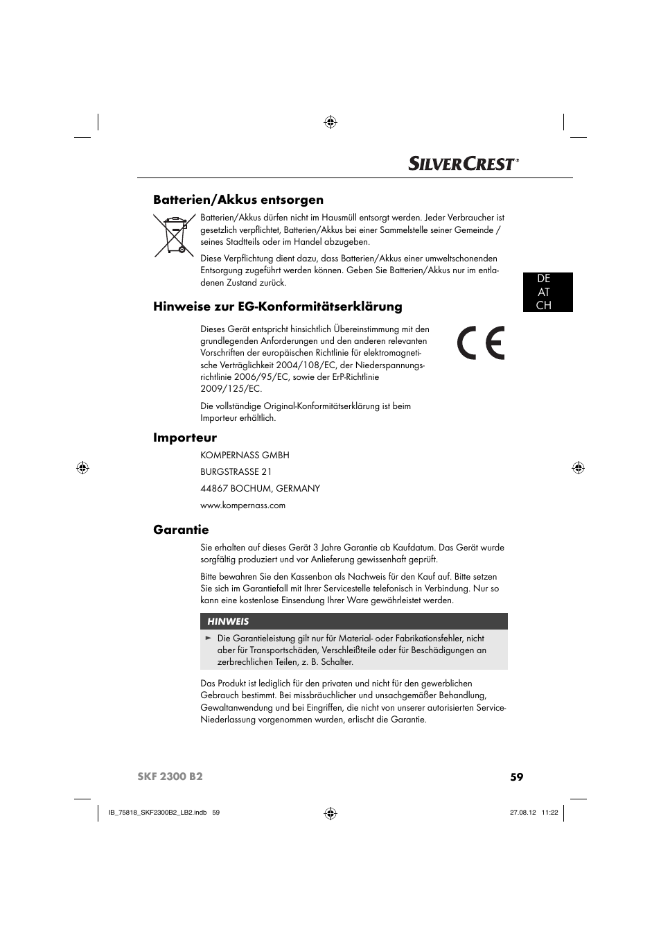 Batterien/akkus entsorgen, Hinweise zur eg-konformitätserklärung, Importeur | Garantie, De at ch | Silvercrest SKF 2300 B2 User Manual | Page 62 / 84