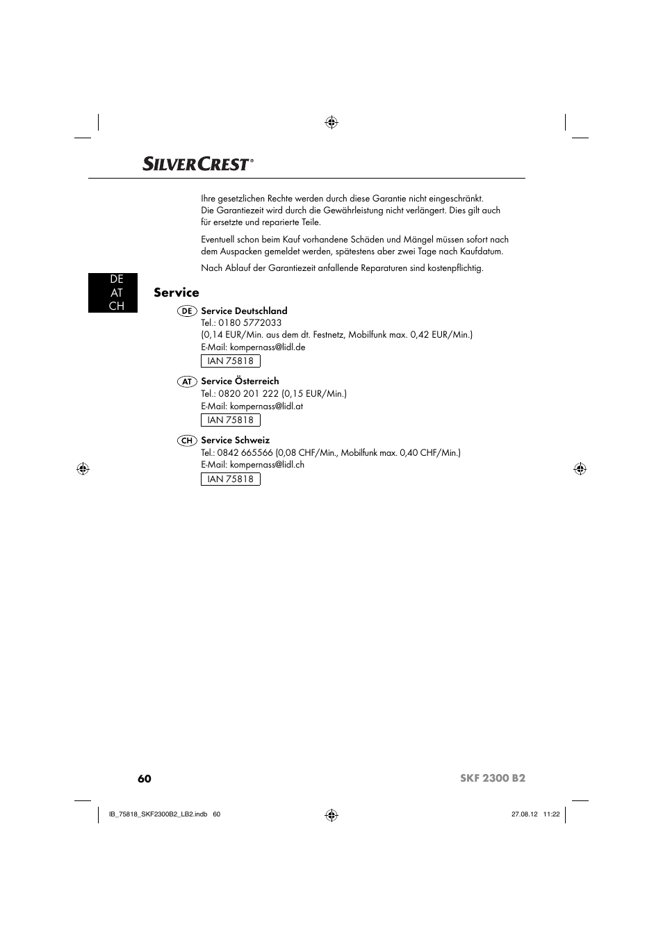 Service, De at ch | Silvercrest SKF 2300 B2 User Manual | Page 63 / 84