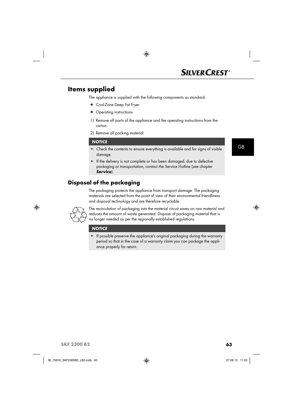 Items supplied, Disposal of the packaging | Silvercrest SKF 2300 B2 User Manual | Page 66 / 84