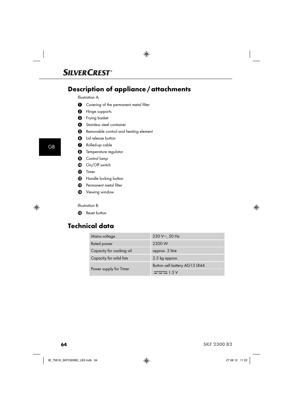 Description of appliance / attachments, Technical data | Silvercrest SKF 2300 B2 User Manual | Page 67 / 84