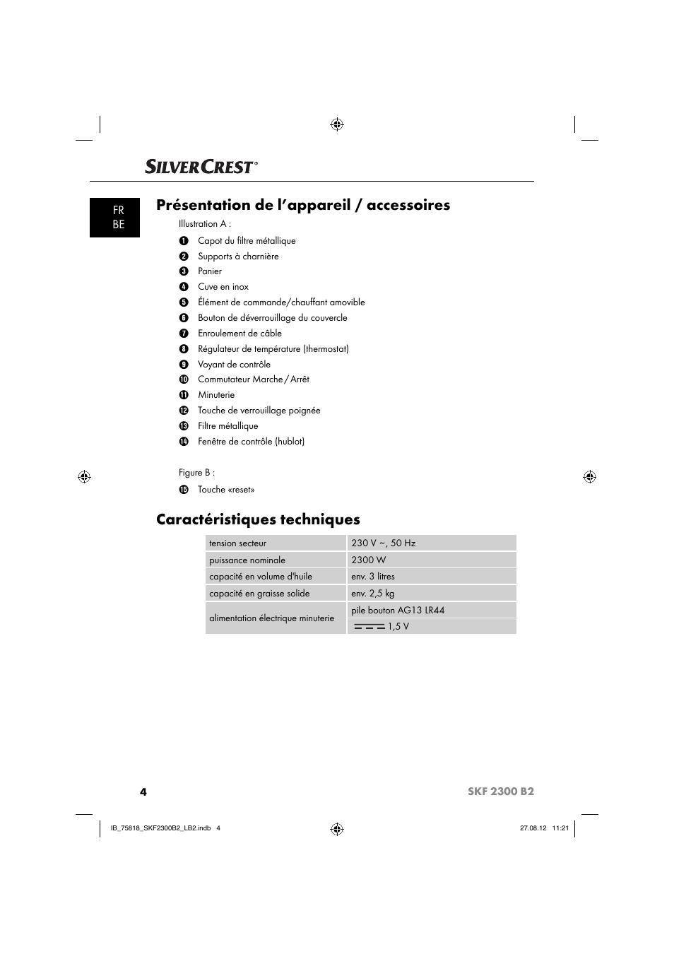 Présentation de l’appareil / accessoires, Caractéristiques techniques, Fr be | Silvercrest SKF 2300 B2 User Manual | Page 7 / 84