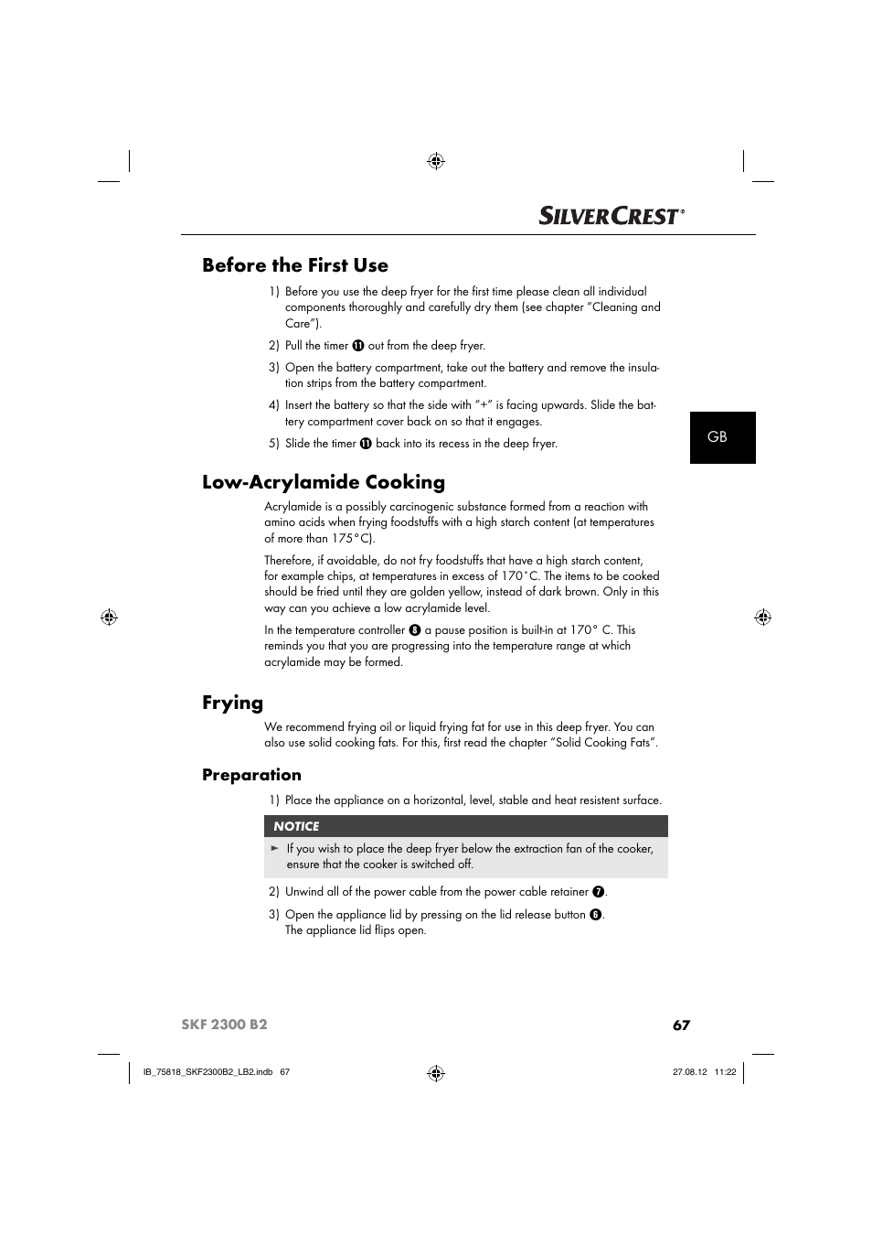 Before the first use, Low-acrylamide cooking, Frying | Preparation | Silvercrest SKF 2300 B2 User Manual | Page 70 / 84