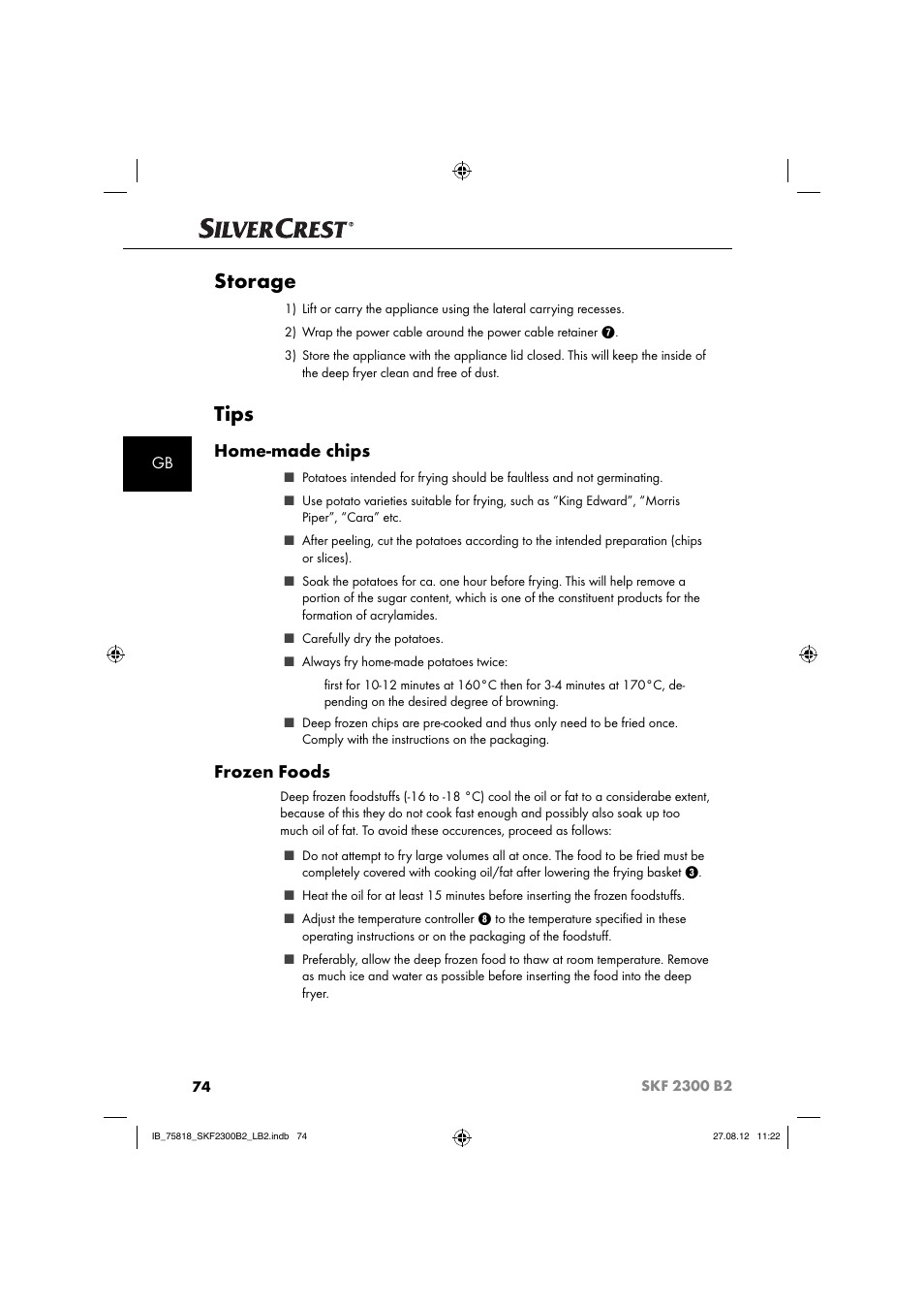 Storage, Tips, Home-made chips | Frozen foods | Silvercrest SKF 2300 B2 User Manual | Page 77 / 84