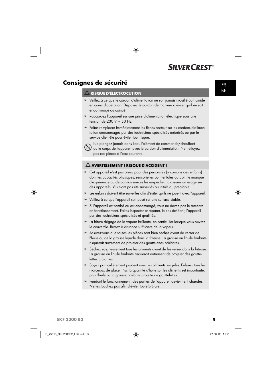 Consignes de sécurité, Fr be | Silvercrest SKF 2300 B2 User Manual | Page 8 / 84