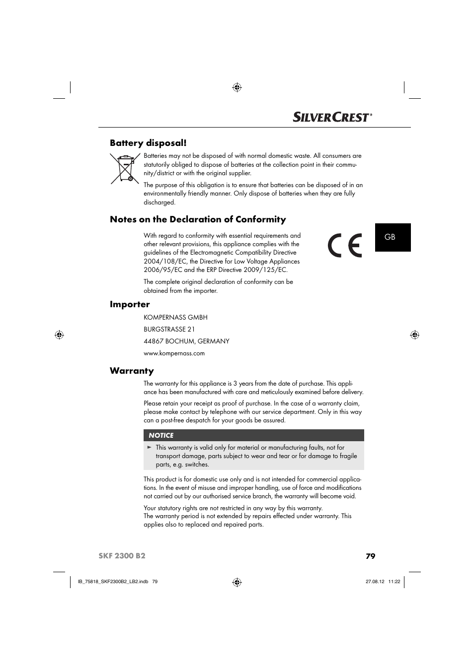 Battery disposal, Importer, Warranty | Silvercrest SKF 2300 B2 User Manual | Page 82 / 84