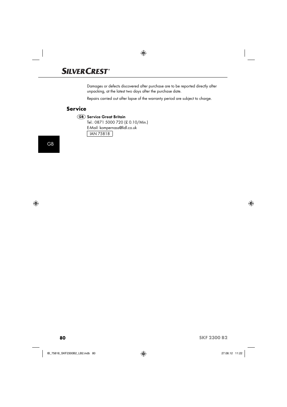 Service | Silvercrest SKF 2300 B2 User Manual | Page 83 / 84