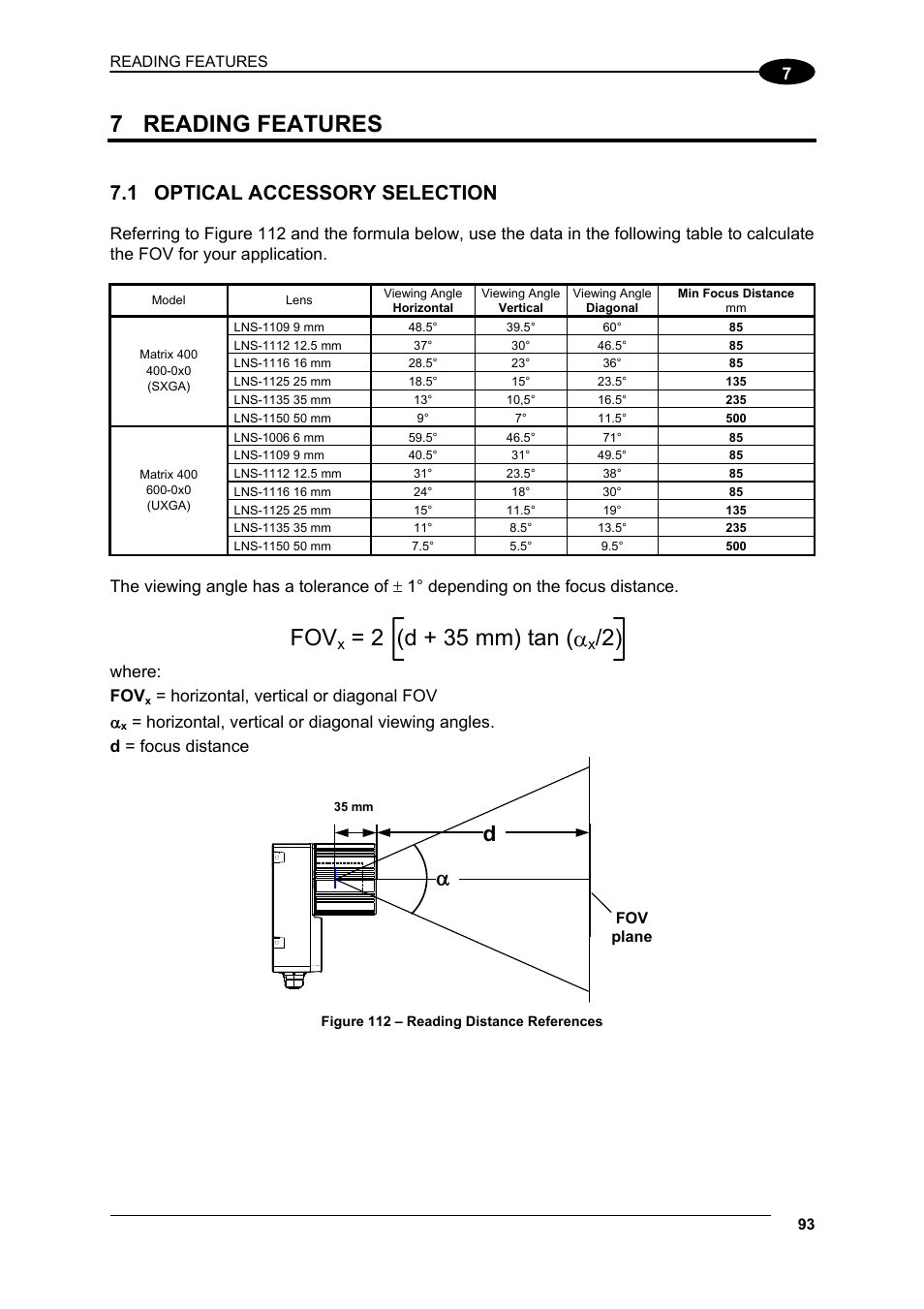 7 reading features, 1 optical accessory selection, Reading features | Optical accessory selection, 7 for, 2 (d + 35 mm) tan | Datalogic Scanning Matrix 400 User Manual | Page 103 / 142