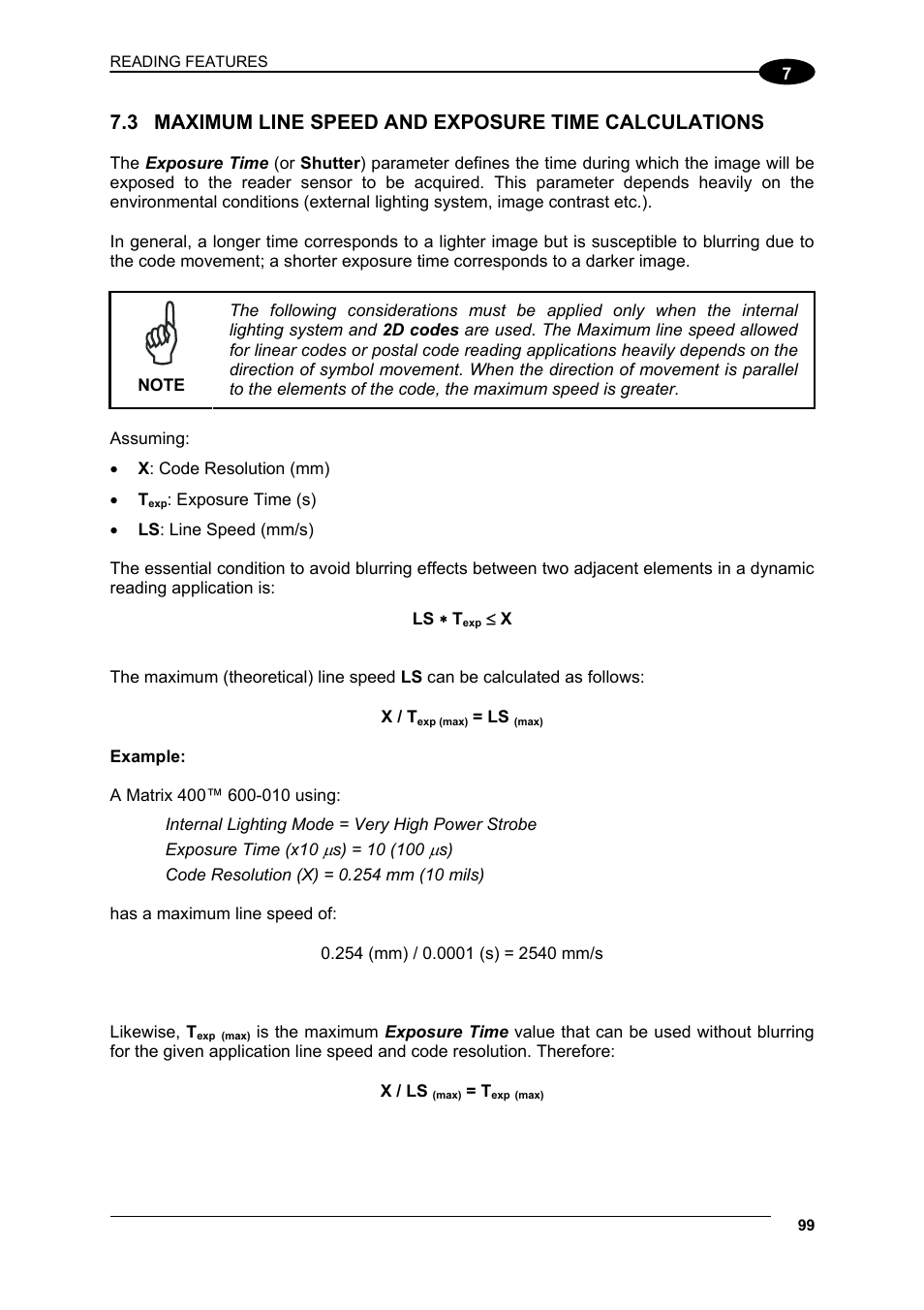 Maximum line speed and exposure time calculations | Datalogic Scanning Matrix 400 User Manual | Page 109 / 142