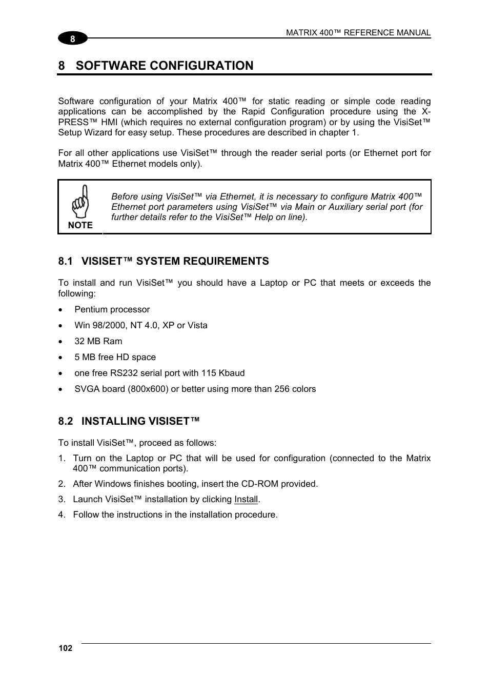 8 software configuration, 1 visiset™ system requirements, 2 installing visiset | Software configuration, Visiset™ system requirements, Installing visiset | Datalogic Scanning Matrix 400 User Manual | Page 112 / 142