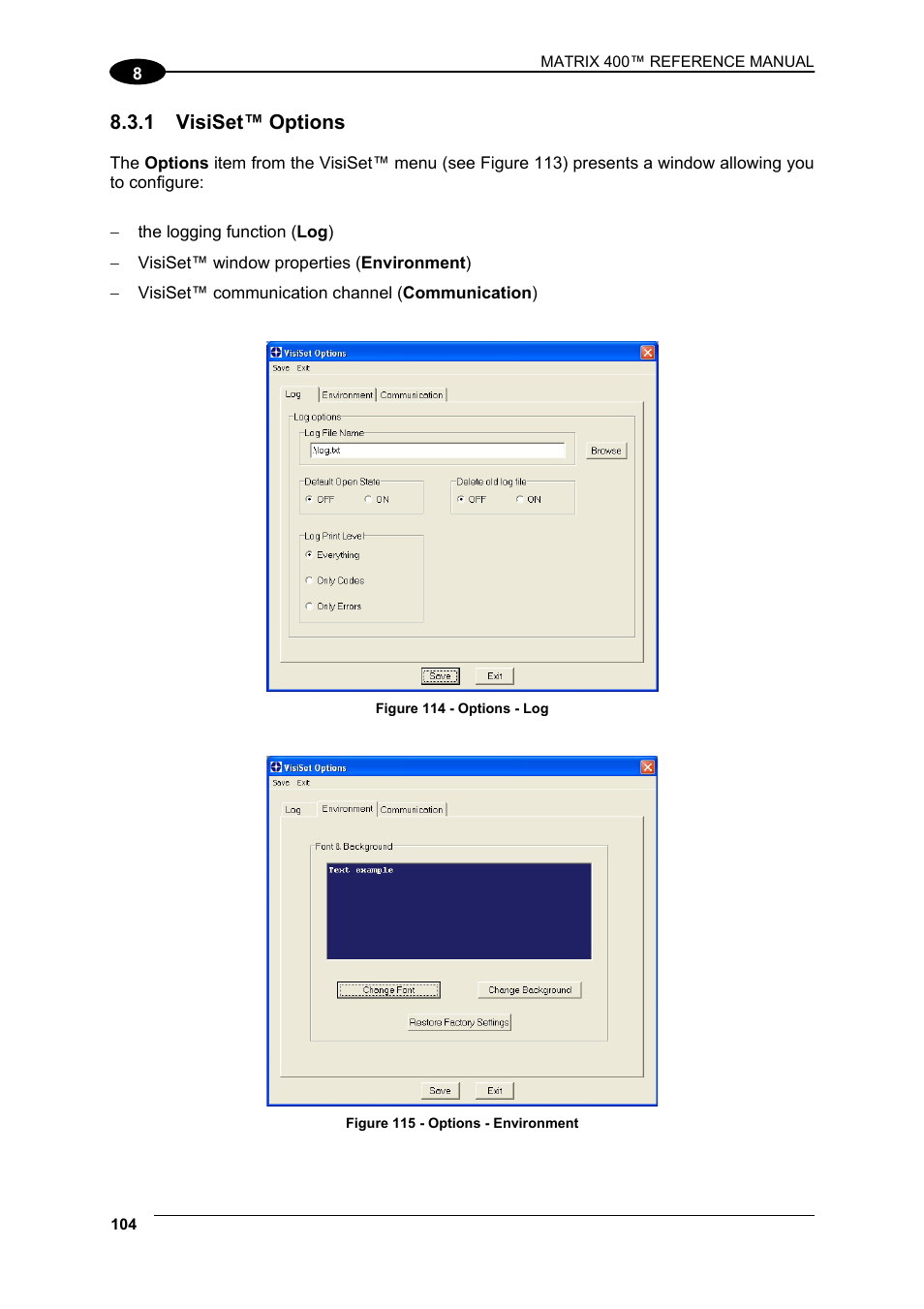 1 visiset™ options, Visiset™ options | Datalogic Scanning Matrix 400 User Manual | Page 114 / 142