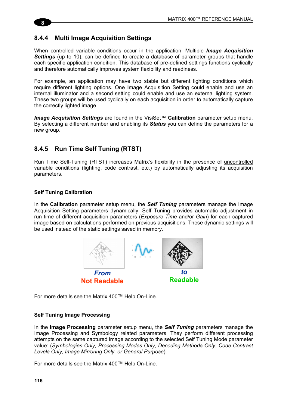 4 multi image acquisition settings, 5 run time self tuning (rtst), Multi image acquisition settings | Run time self tuning (rtst) | Datalogic Scanning Matrix 400 User Manual | Page 126 / 142