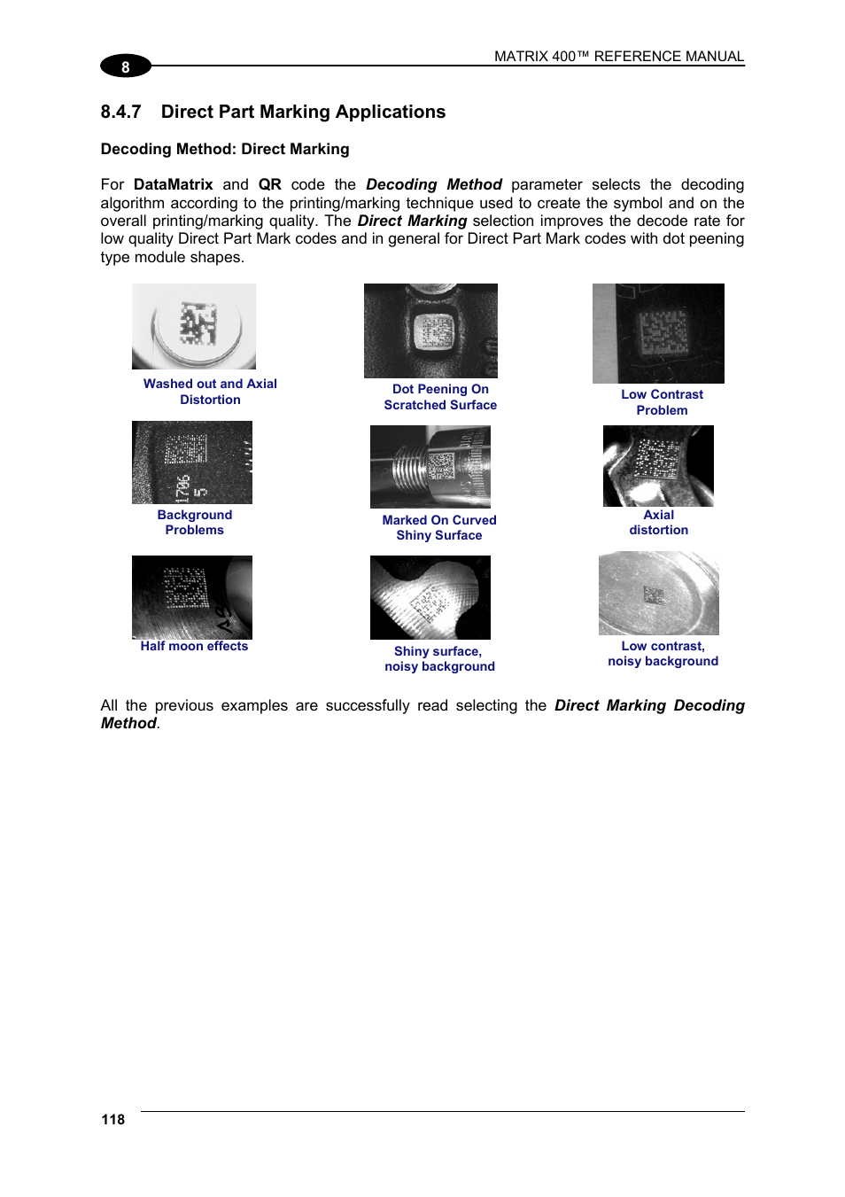 7 direct part marking applications, Direct part marking applications | Datalogic Scanning Matrix 400 User Manual | Page 128 / 142