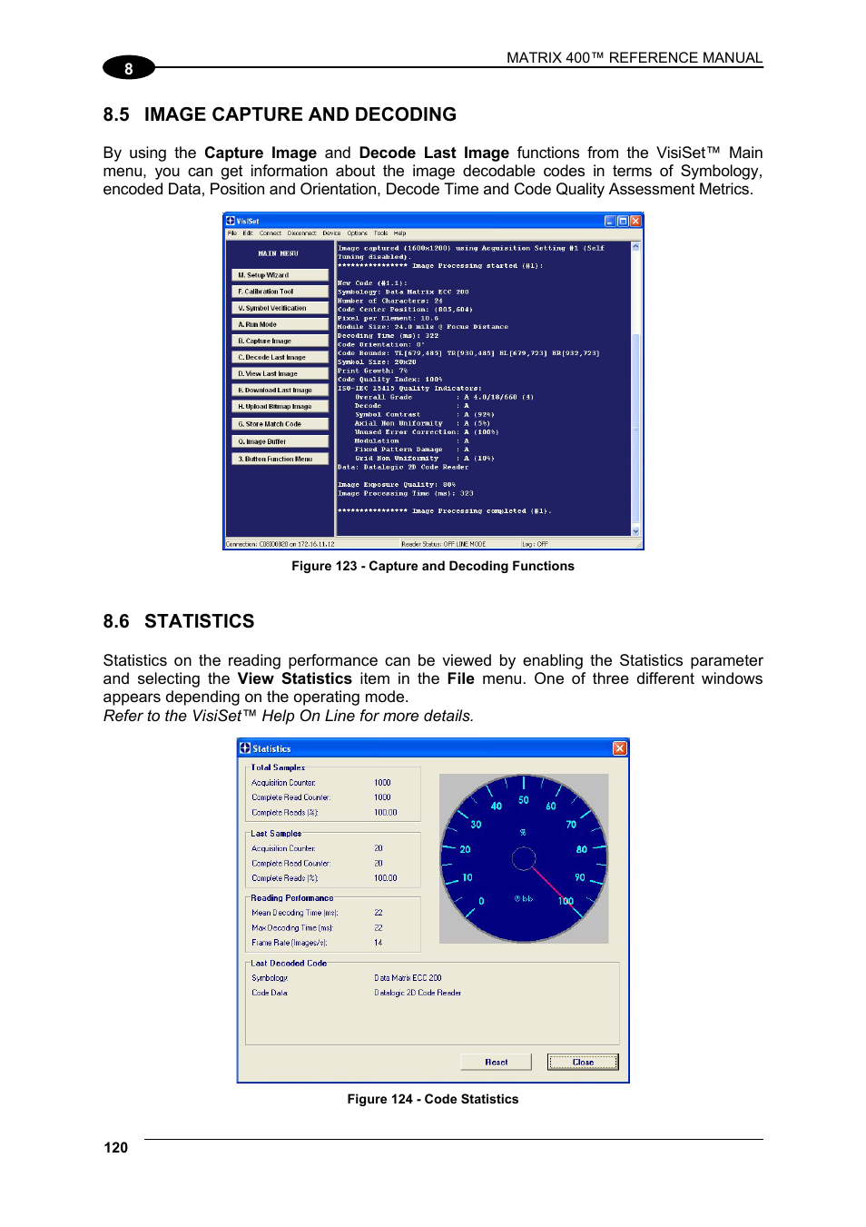 5 image capture and decoding, 6 statistics, Image capture and decoding | Statistics | Datalogic Scanning Matrix 400 User Manual | Page 130 / 142