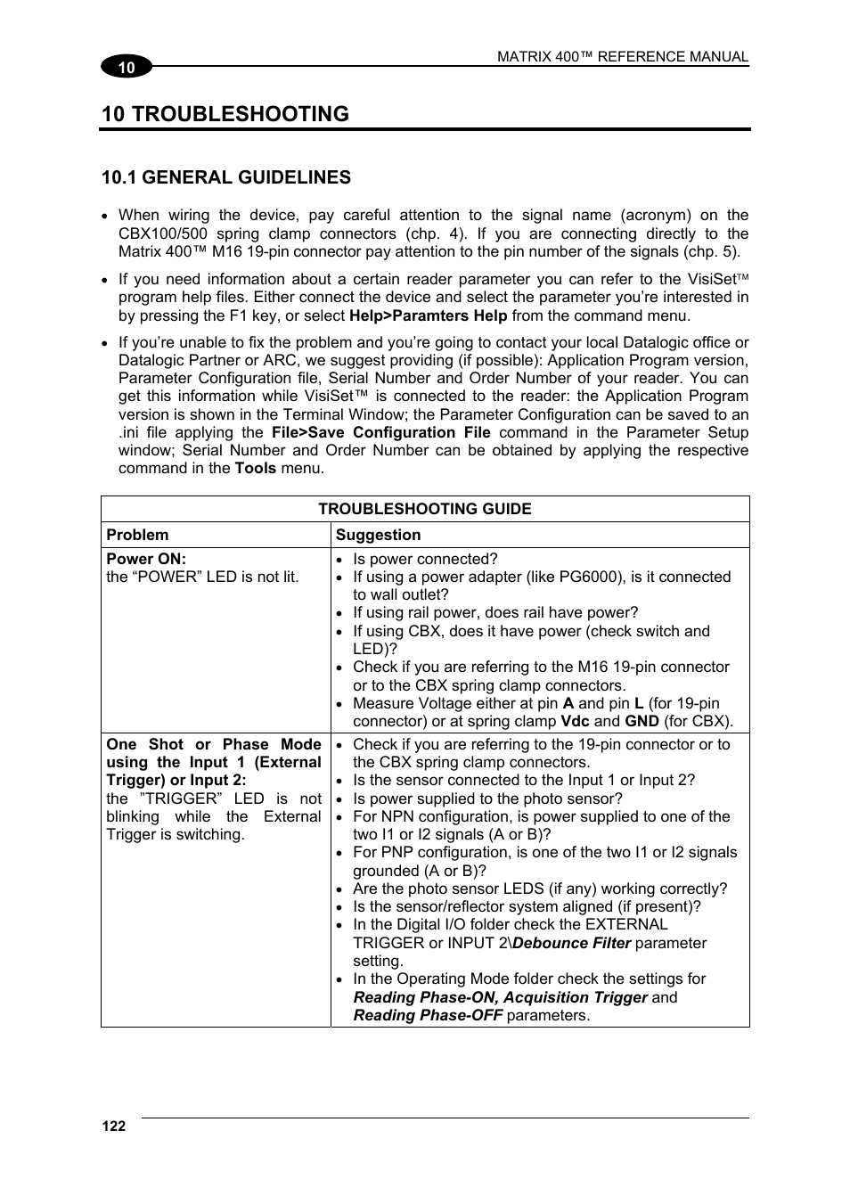 10 troubleshooting, 1 general guidelines, Troubleshooting | General guidelines | Datalogic Scanning Matrix 400 User Manual | Page 132 / 142