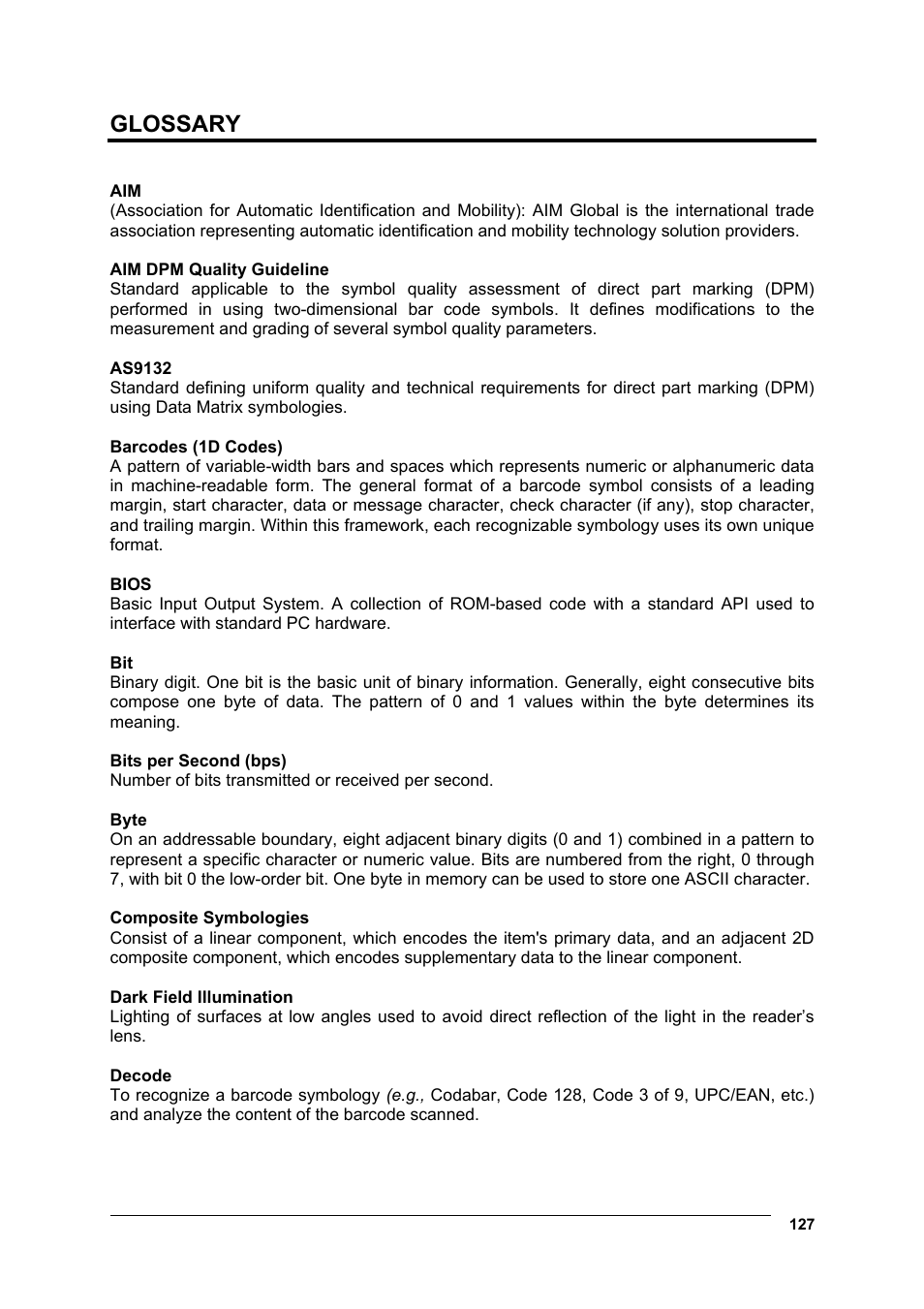 Glossary | Datalogic Scanning Matrix 400 User Manual | Page 137 / 142