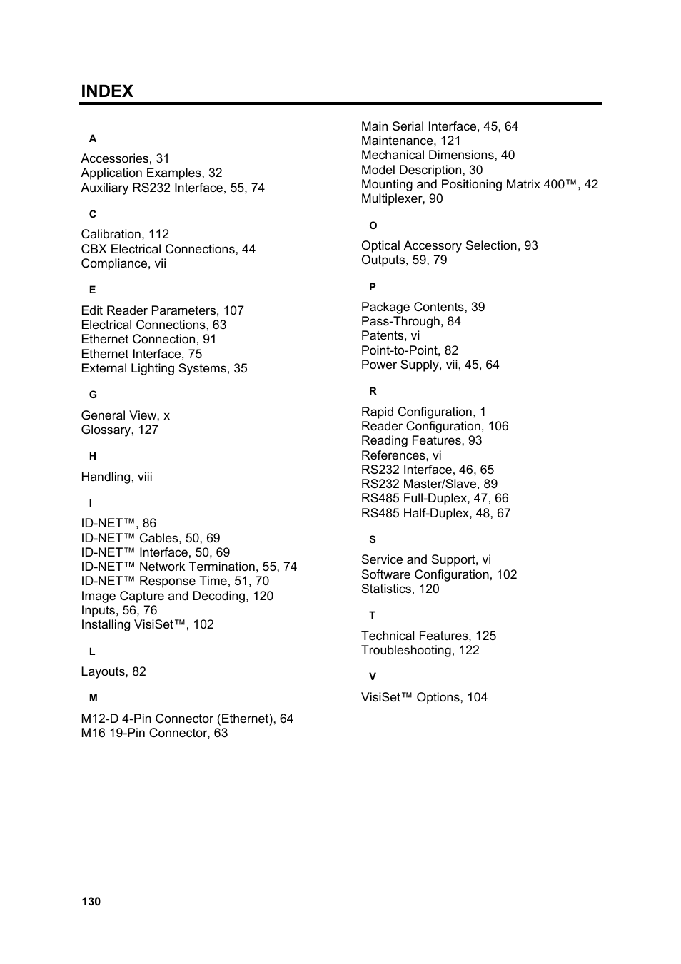 Index | Datalogic Scanning Matrix 400 User Manual | Page 140 / 142