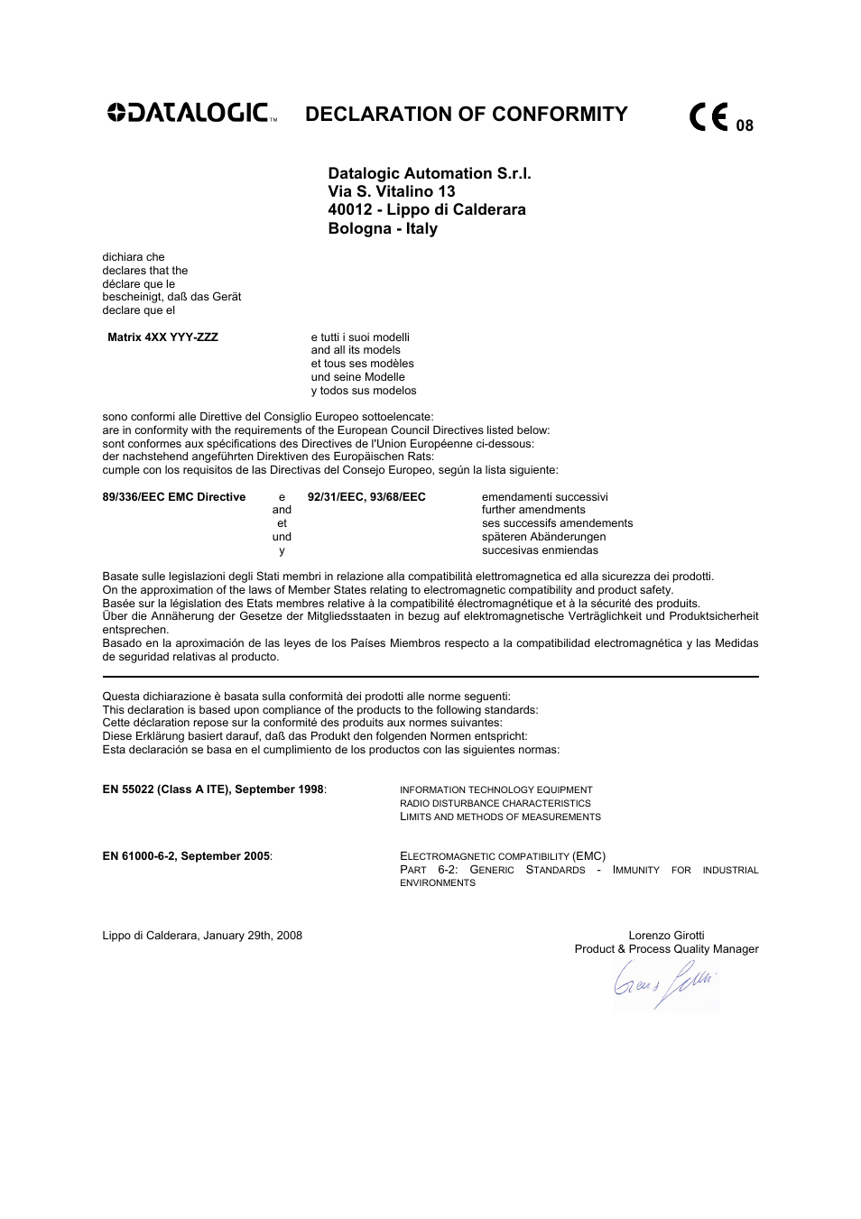 Declaration of conformity | Datalogic Scanning Matrix 400 User Manual | Page 141 / 142