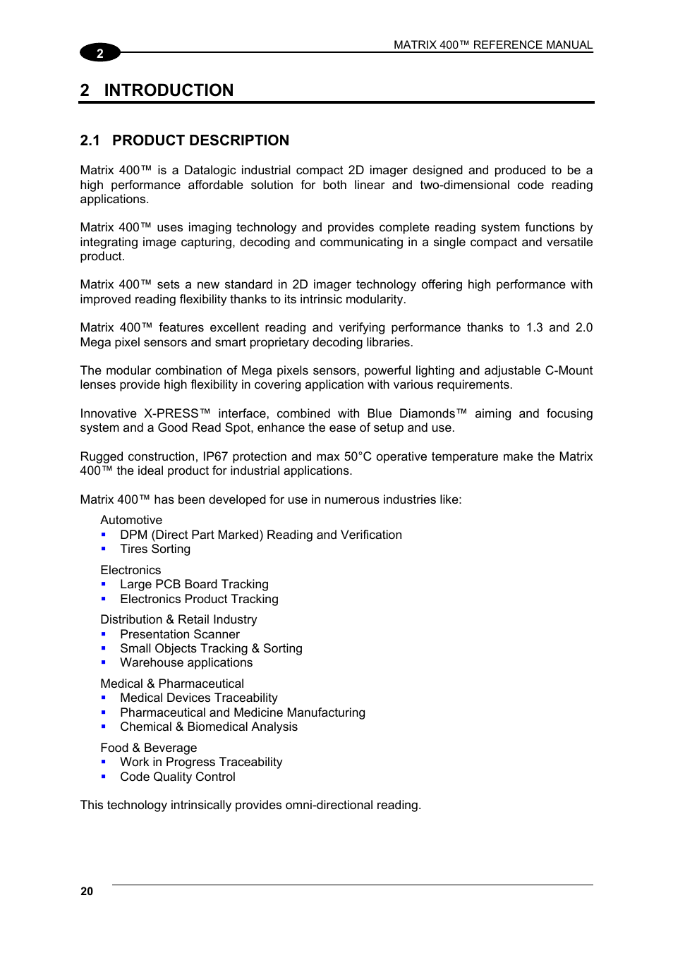 2 introduction, 1 product description, Introduction | Product description | Datalogic Scanning Matrix 400 User Manual | Page 30 / 142
