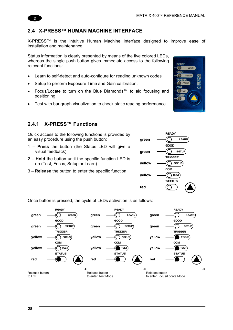4 x-press™ human machine interface, 1 x-press™ functions, X-press™ human machine interface | X-press™ functions, Setup | Datalogic Scanning Matrix 400 User Manual | Page 38 / 142