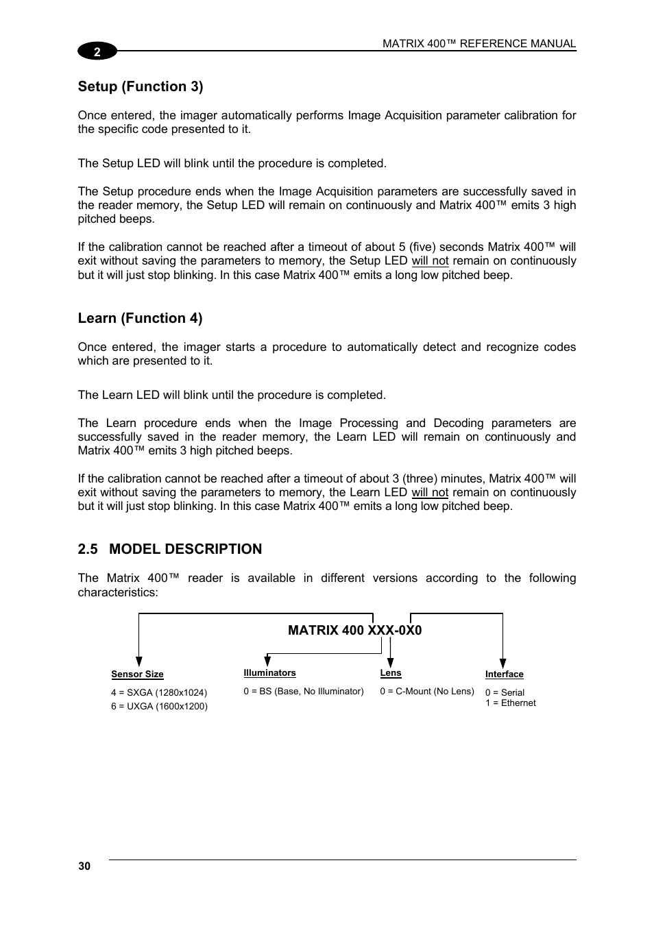 5 model description, Model description, Setup (function 3) | Learn (function 4) | Datalogic Scanning Matrix 400 User Manual | Page 40 / 142