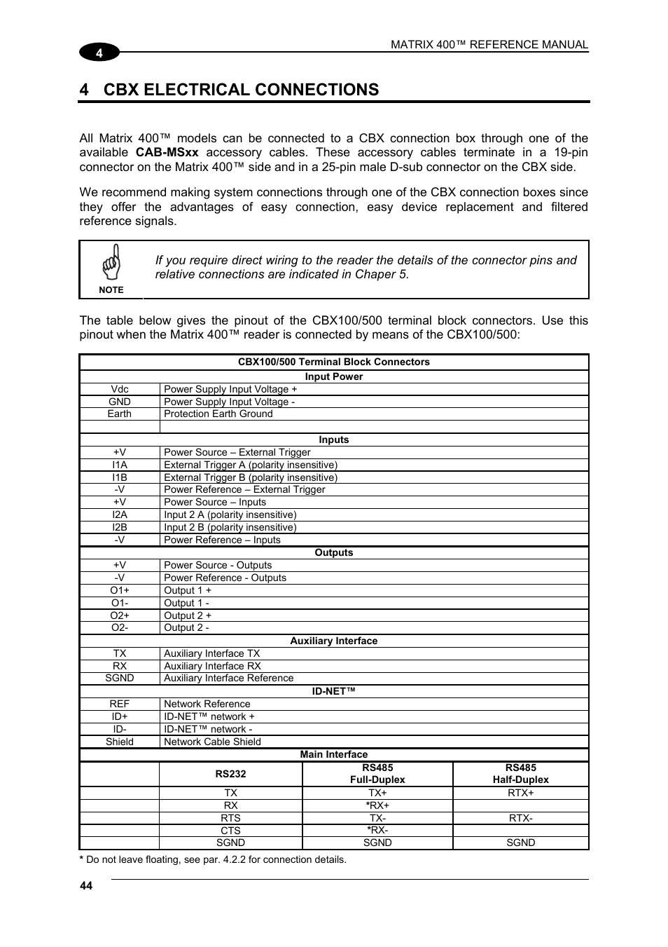 4 cbx electrical connections, Cbx electrical connections | Datalogic Scanning Matrix 400 User Manual | Page 54 / 142