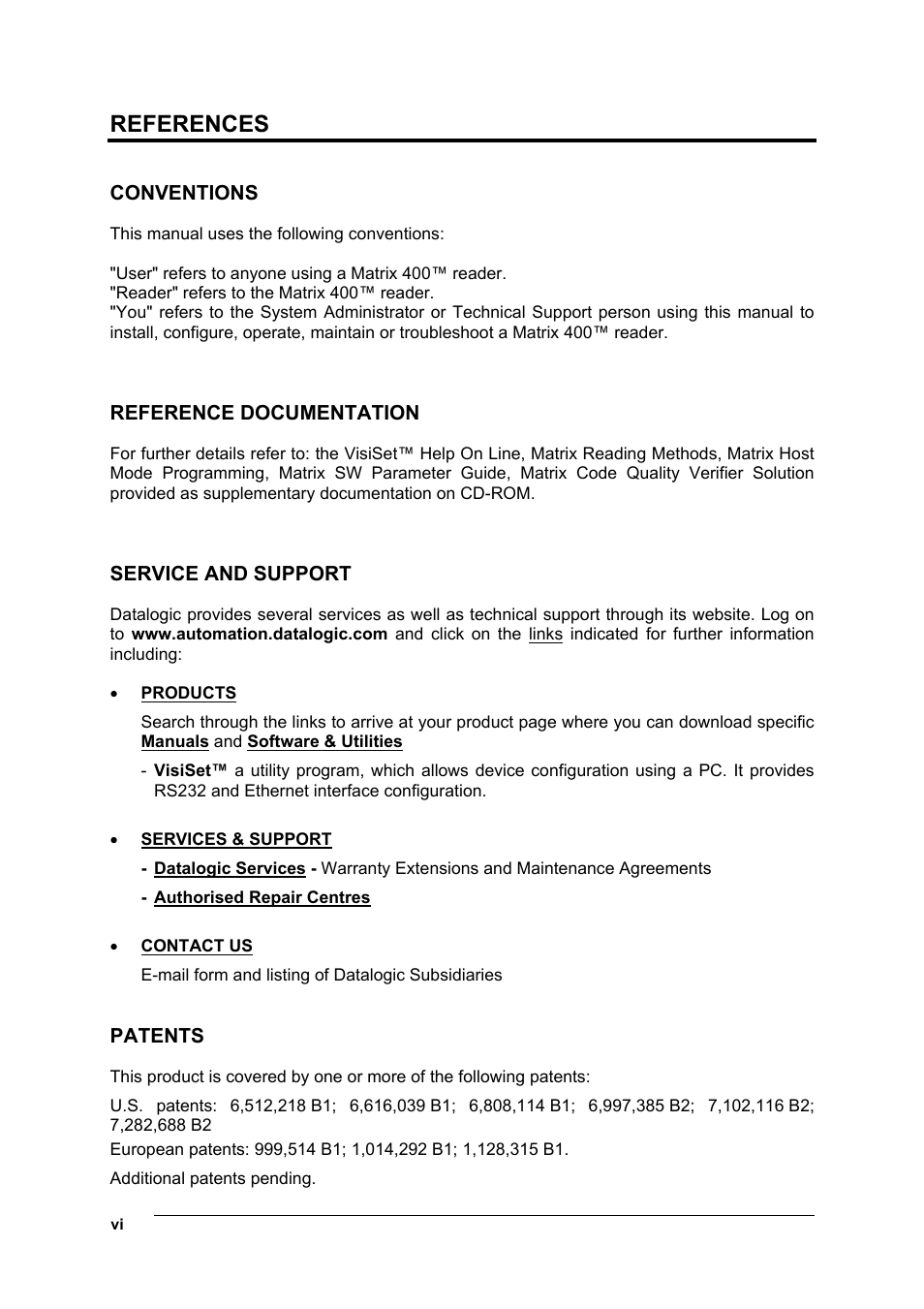 References, Conventions, Reference documentation | Service and support, Patents | Datalogic Scanning Matrix 400 User Manual | Page 6 / 142