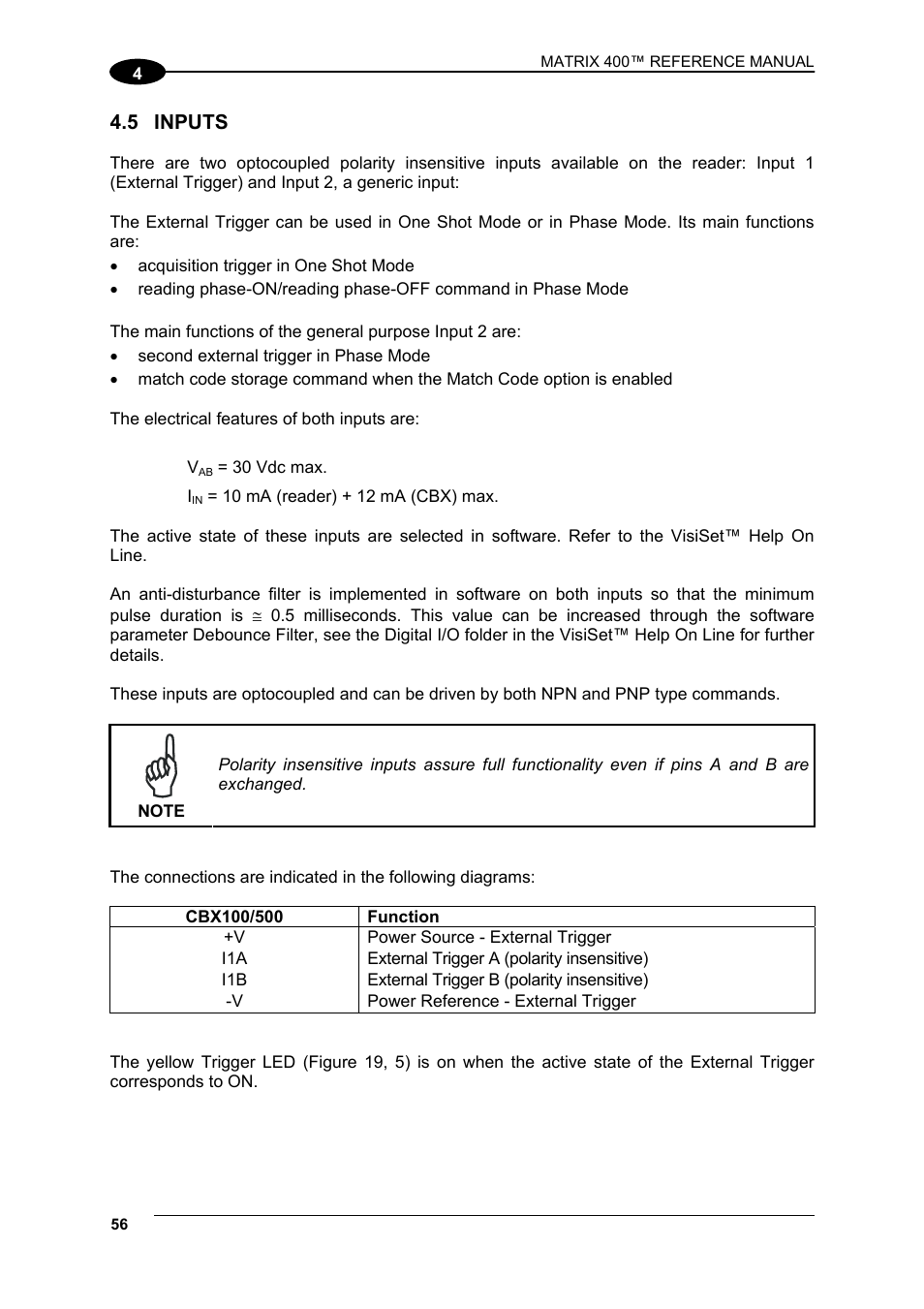 5 inputs, Inputs | Datalogic Scanning Matrix 400 User Manual | Page 66 / 142