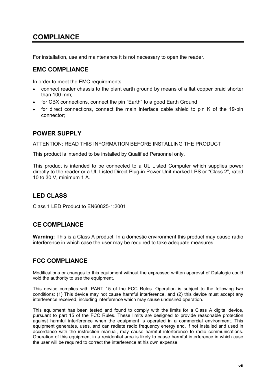 Compliance, Emc compliance, Power supply | Led class, Ce compliance, Fcc compliance | Datalogic Scanning Matrix 400 User Manual | Page 7 / 142