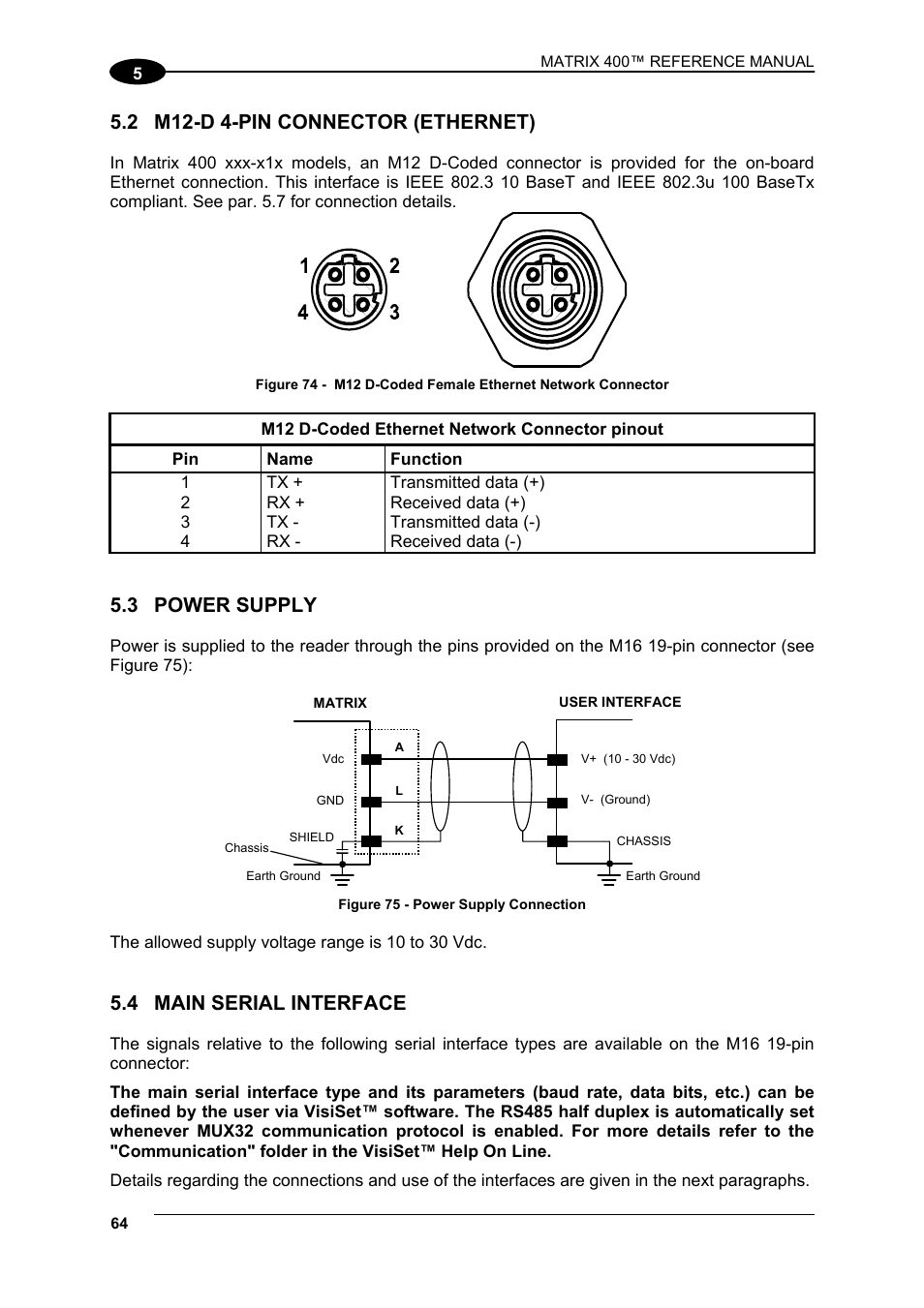 2 m12-d 4-pin connector (ethernet), 3 power supply, 4 main serial interface | M12-d 4-pin connector (ethernet), Power supply, Main serial interface | Datalogic Scanning Matrix 400 User Manual | Page 74 / 142