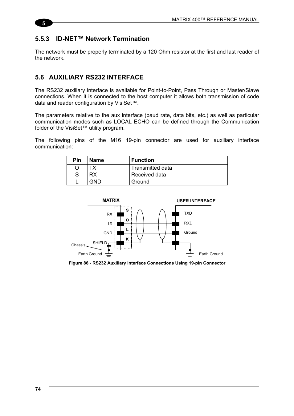 3 id-net™ network termination, 6 auxiliary rs232 interface, Id-net™ network termination | Auxiliary rs232 interface | Datalogic Scanning Matrix 400 User Manual | Page 84 / 142