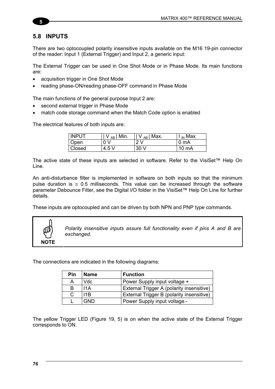 8 inputs, Inputs | Datalogic Scanning Matrix 400 User Manual | Page 86 / 142