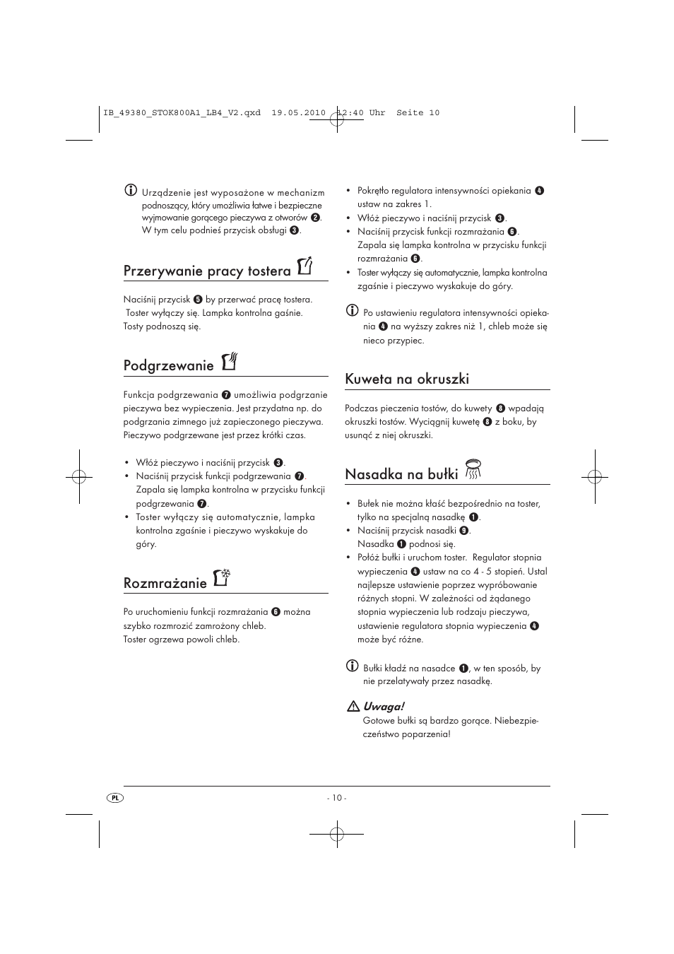 Przerywanie pracy tostera, Podgrzewanie, Rozmrażanie | Kuweta na okruszki, Nasadka na bułki | Silvercrest STOK 800 A1 User Manual | Page 12 / 50