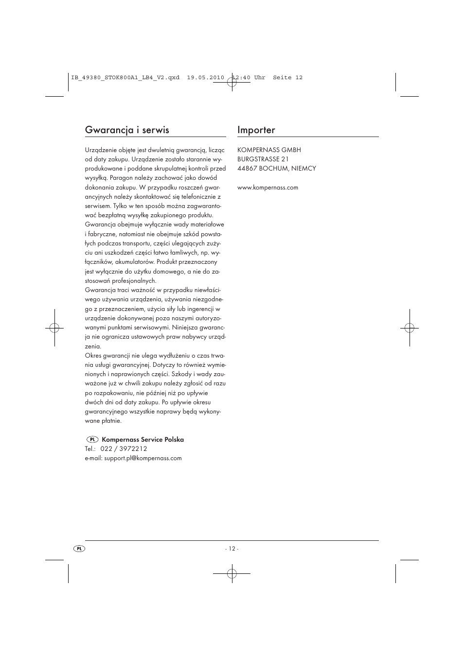 Gwarancja i serwis, Importer | Silvercrest STOK 800 A1 User Manual | Page 14 / 50