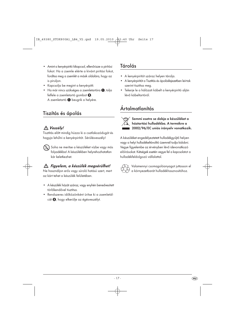 Tiszítás és ápolás, Tárolás, Ártalmatlanítás | Silvercrest STOK 800 A1 User Manual | Page 19 / 50