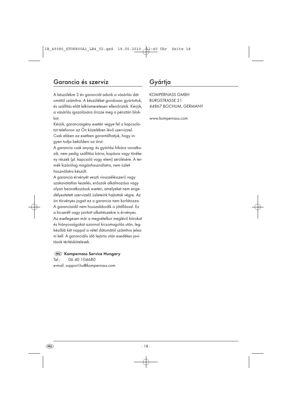 Garancia és szerviz, Gyártja | Silvercrest STOK 800 A1 User Manual | Page 20 / 50