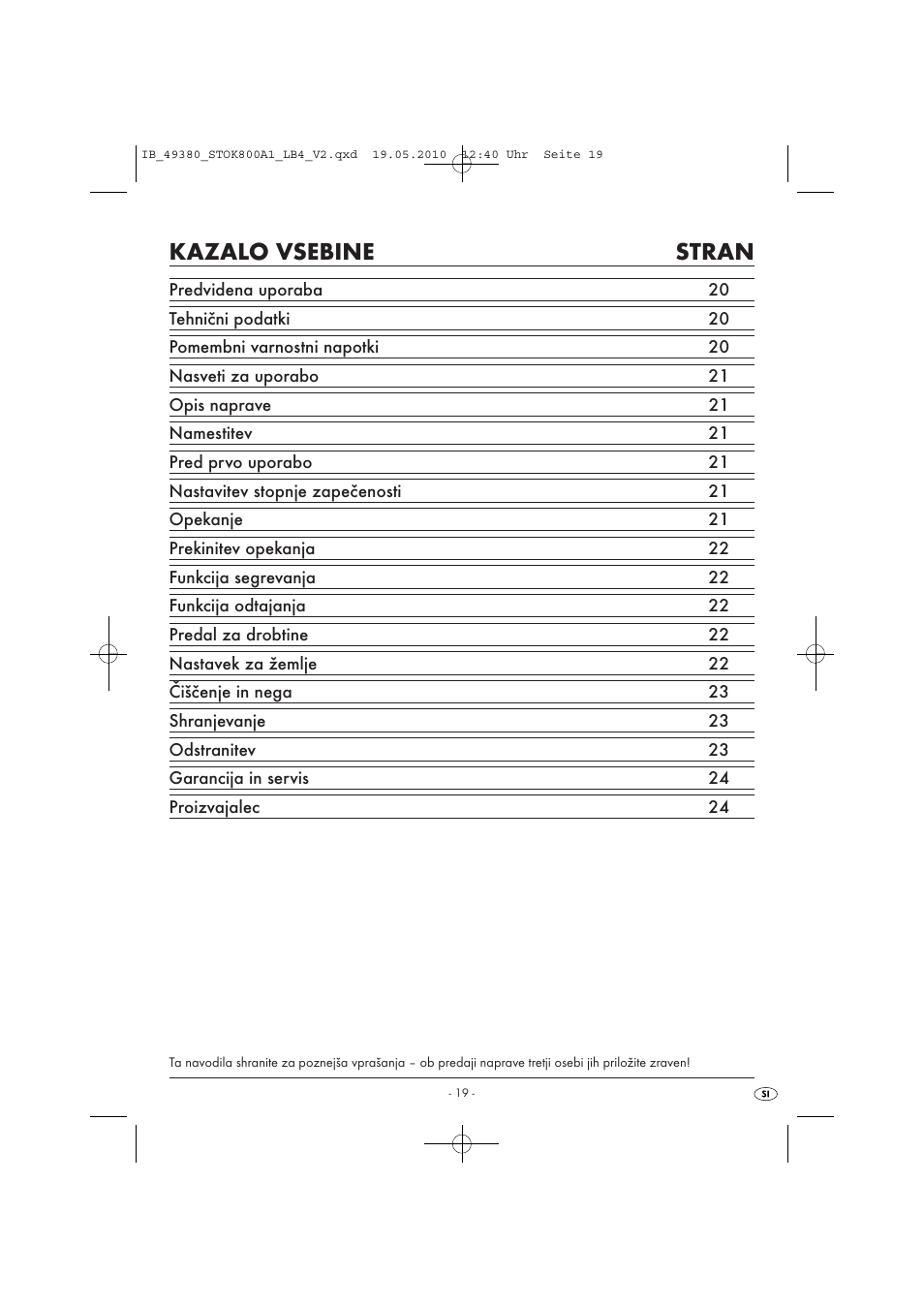 Kazalo vsebine stran | Silvercrest STOK 800 A1 User Manual | Page 21 / 50