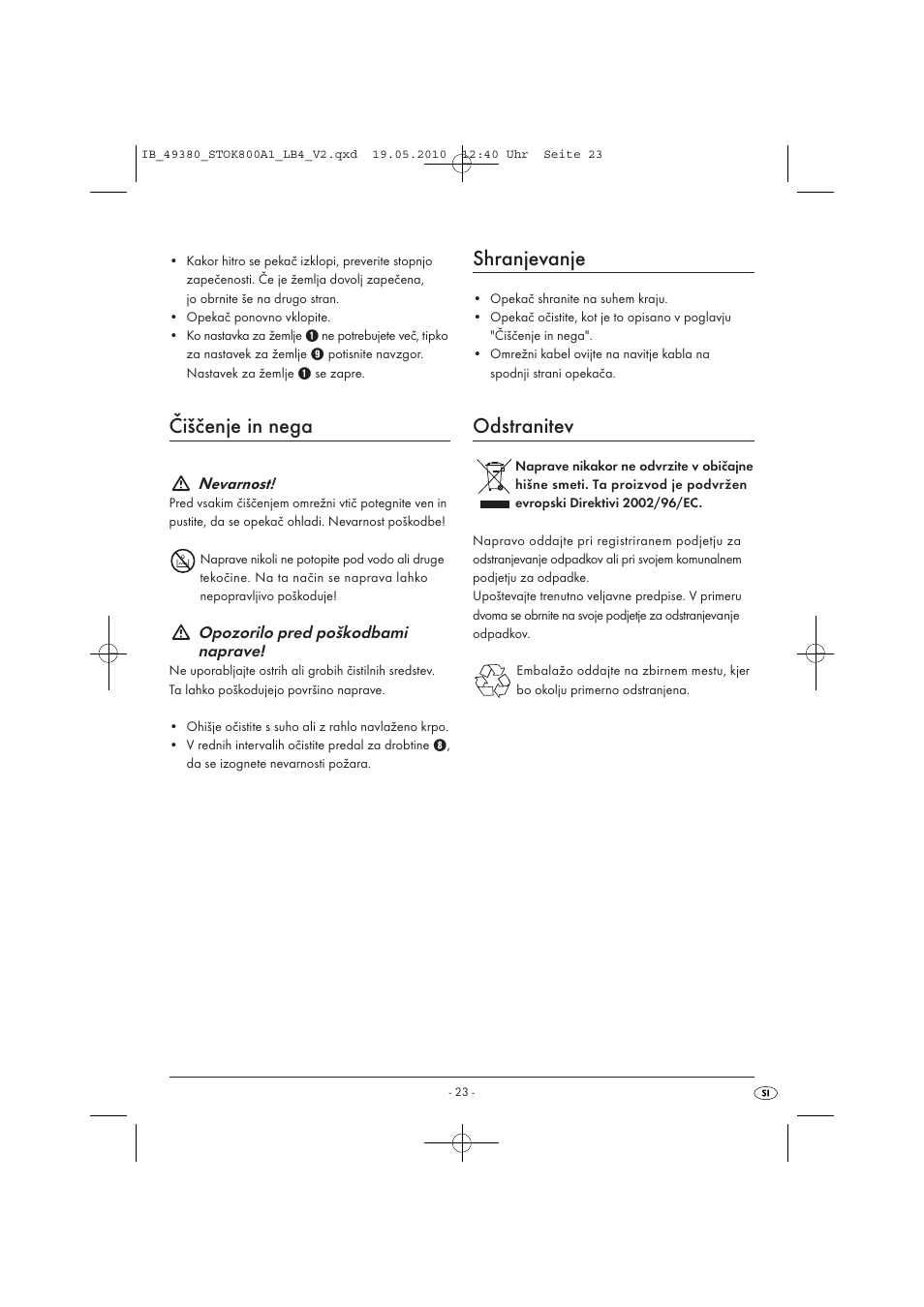 Čiščenje in nega, Shranjevanje, Odstranitev | Silvercrest STOK 800 A1 User Manual | Page 25 / 50